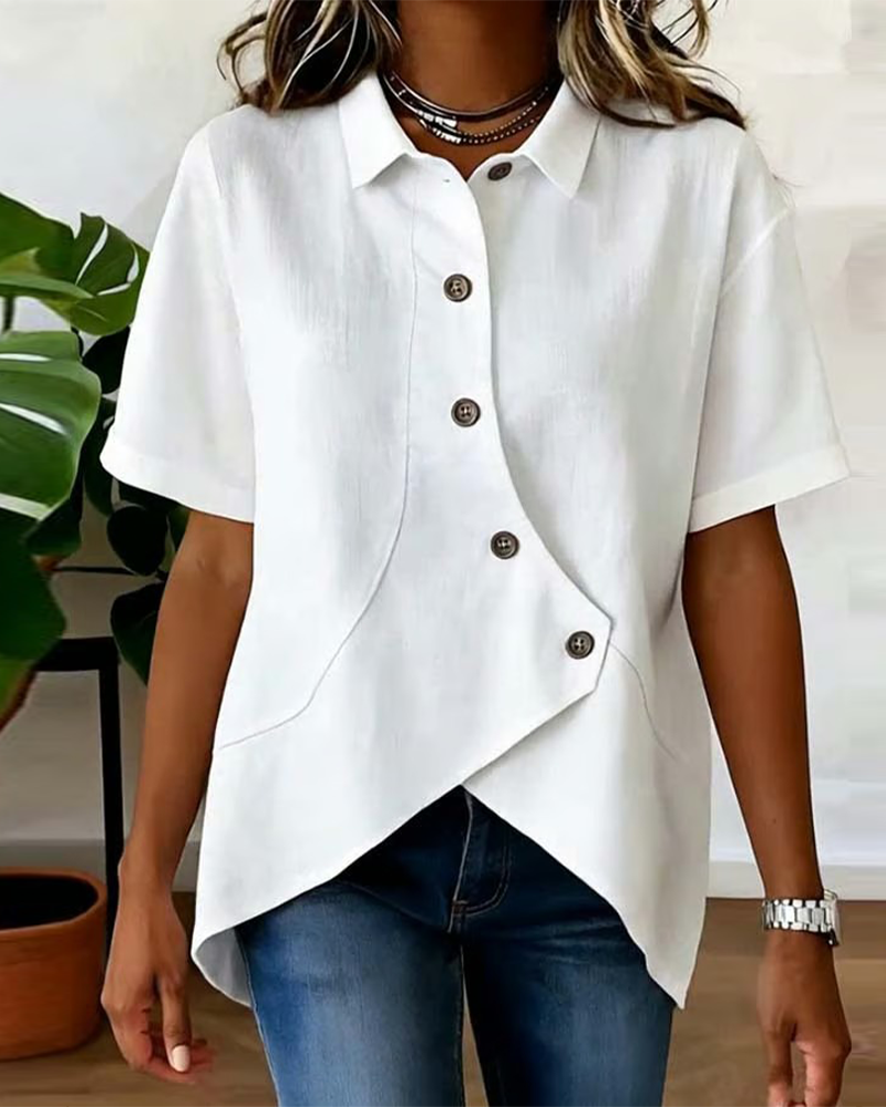 Victoria - Blusa Asimétrica de Algodón-Lino con Botones