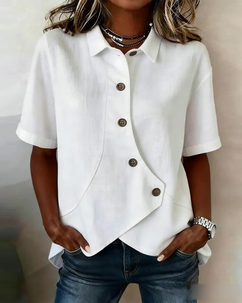 Victoria - Blusa Asimétrica de Algodón-Lino con Botones